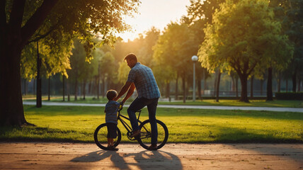 Obraz premium man riding a bicycle at sunset, in the city park top view concept