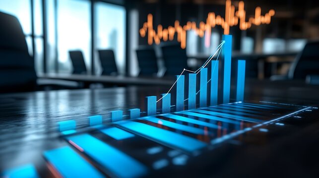 Image of bar graph and arrow representing loss and coding over empty chairs and table in office Digital composite conference meeting business report inflation crisis recession furnitur : Generative AI - Powered by Adobe