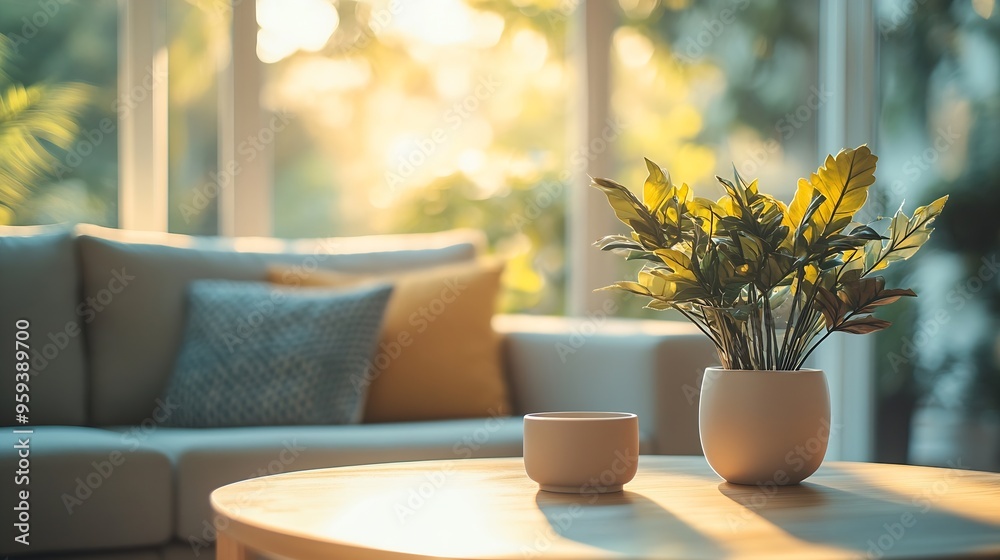 Poster blur image of living room with furniture at home with sunlight for background usage blur interior co