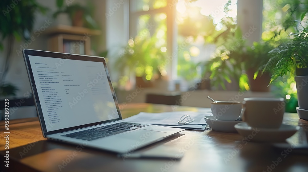Fototapete front view laptop with empty display documents and coffee cup on wooden office desk : generative ai