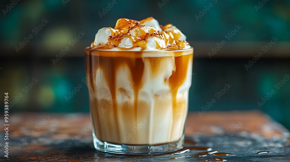 Aufkleber ice caramel macchiato coffee on  rustic table background : Generative AI