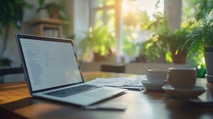 Fototapeta premium Front view laptop with empty display documents and coffee cup on wooden office desk : Generative AI