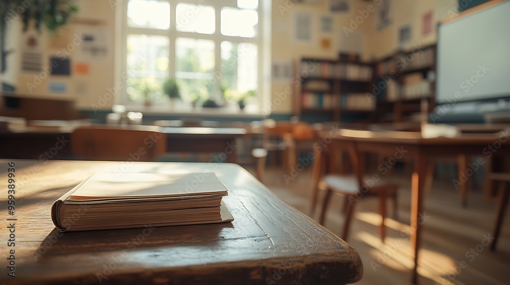 Aufkleber Cropped shot of wooden table with books stationery and copy space in blurred study roomEmpty classroom or presentation room interior with desks chairs and whiteboard : Generative AI