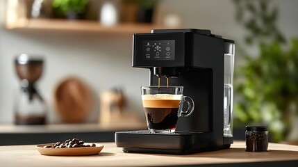 Modern coffee machine with glass cup of hot espresso on table in kitchen : Generative AI