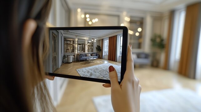 Woman takes photograph of large renovated home interior Property owner or estate agent uses wide angle camera on smart tablet to take photo or give walkthrough video tour about new apa : Generative AI