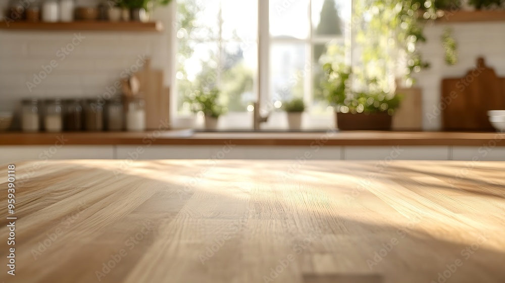 Poster kitchen table background wood counter top on blur of white clean abstract home interior with bokeh u