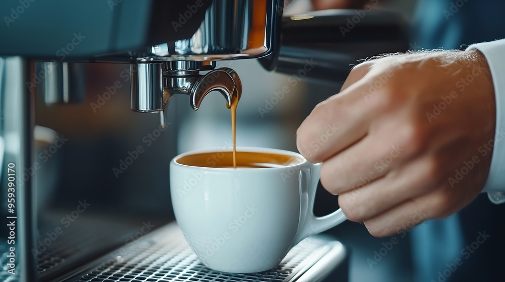 Poster close up view of businessman making coffee from coffee machine in the office : generative ai