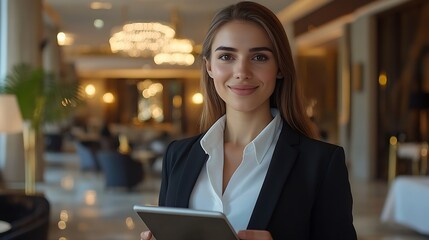Portrait of beautiful young professional receptionist using tablet online looking at camera and smiling Busy luxury hotel manager talking on phone taking calls on background : Generative AI