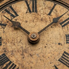 Closeup of Old Vintage Clock Face with Roman Numerals and Worn Hands