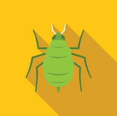 Green aphid insect pest icon in flat style with long shadow on yellow background