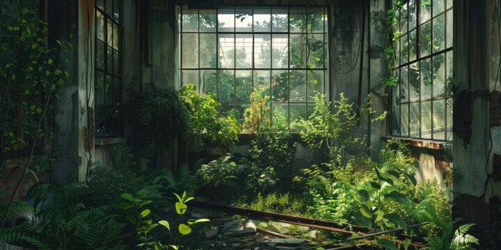 Interior of old abandoned building overgrown with plants