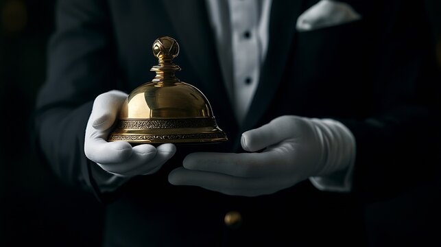 Portrait of Butler in Dark Suit and White Gloves Holding Brass Bell Concept of Service Industry and Professional Hospitality : Generative AI