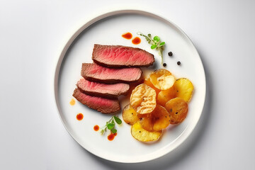 Sous vide meat with chips on white plate close-up; top view; copy space, white background