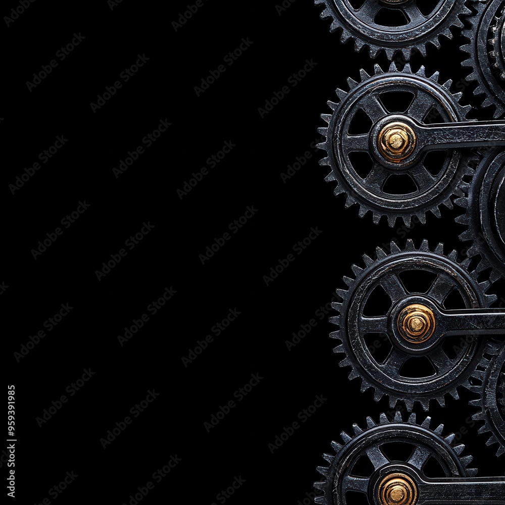 Wall mural Black Metal Gears on Black Background   Industrial Design Element