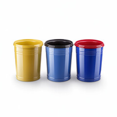Three trash bins in yellow, blue, and red placed in a row on a white background, representing waste segregation.