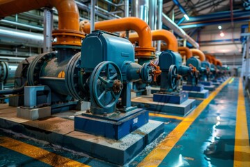 Industrial water pumps and pipes operating in a water treatment plant during day hours