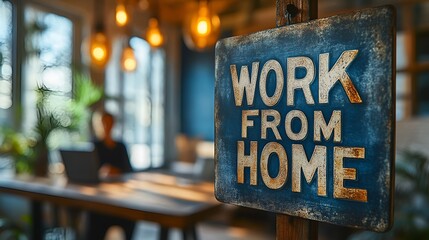 A sign that reads &ldquo;WORK FROM HOME&rdquo; - A person working from home at that home office desk - blurred background - remote work - remote job - hybrid job - natural light 