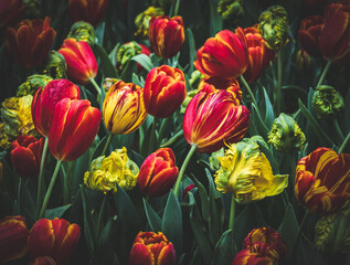 A dark and moody image of red and yellow tulips.