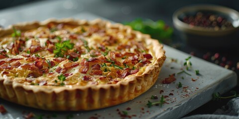 Detailed view of a scrumptious breakfast quiche featuring a cheesy bacon filling resting on a stone surface.