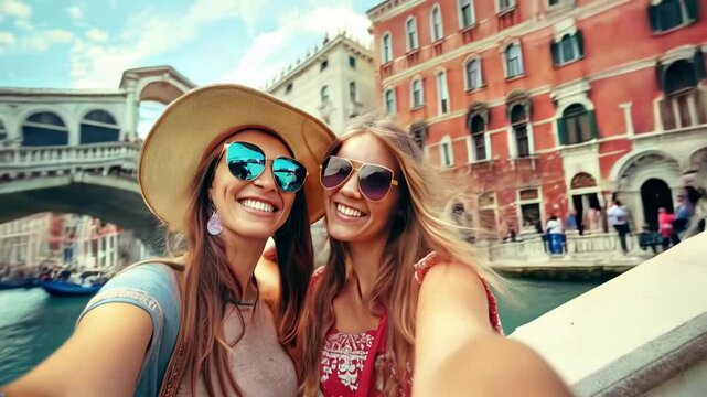 Two attractive young female tourists smiling and shooting selfies on Rialto Bridge in Venice historic center