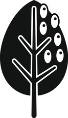 Simple black and white icon of an olive branch with olives growing on it