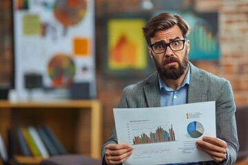 Bearded Man in Glasses Holding a Graph and Pie Chart