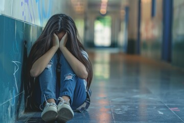 Sad schoolgirl sitting on the floor during International Day Against Violence and Bullying at School