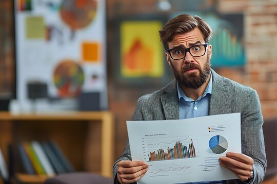 Bearded Man in Glasses Holding a Graph and Pie Chart
