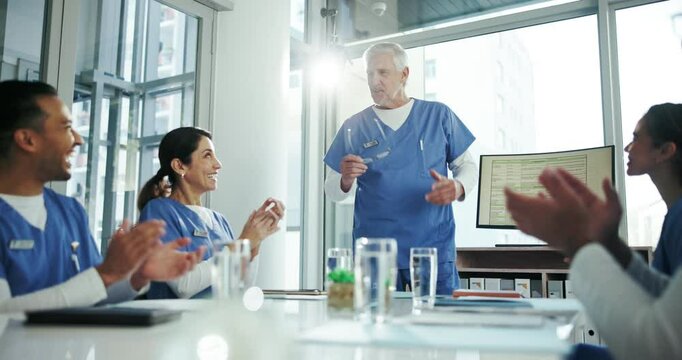 Applause, doctors and healthcare with man in meeting for success, mpox vaccine breakthrough and congratulations. Medical results, winner and support with people in hospital for medicine collaboration