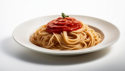 Soba with red sauce on white background isolated