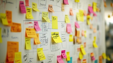 Colorful Sticky Notes on Whiteboard with Handwritten Notes and Diagrams
