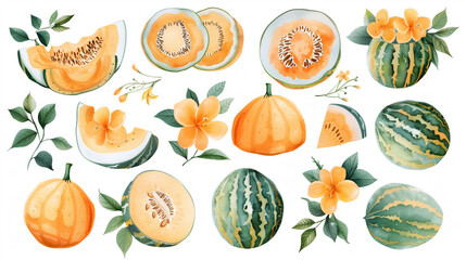 Cantaloupe and flowers in vibrant watercolor illustrations.