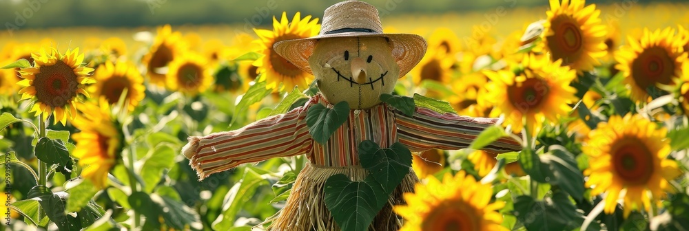 Sticker A cheerful scarecrow surrounded by sunflowers