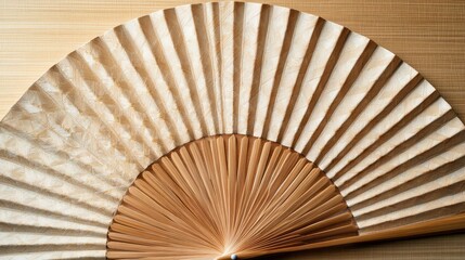 Beautiful geometric pattern in a handcrafted bamboo fan, with a realistic background that emphasizes traditional craftsmanship