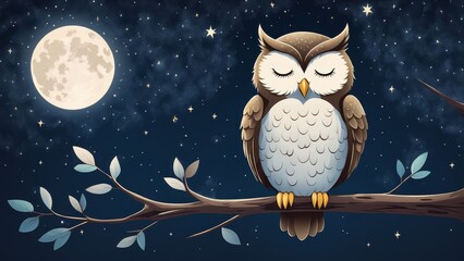 A cute cartoon owl perched on a branch with a full moon and stars in the night sky.
