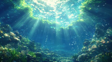 Fototapeta premium Underwater Sunlight Through Green Seaweed