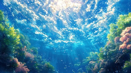 Underwater Ocean Scene with Sunlight Rays and Coral Reefs