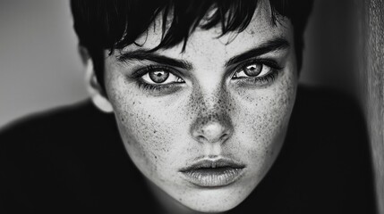 Obraz premium Close Up Portrait of a Woman with Freckles and Short Hair