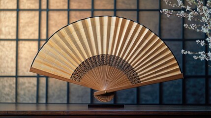 Elegant geometric pattern in a handcrafted bamboo fan, displayed against a realistic background, emphasizing natural craftsmanship