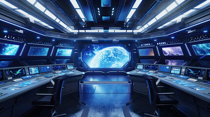 Dynamic Control Center with Holographic Displays and Distant Galaxy Map