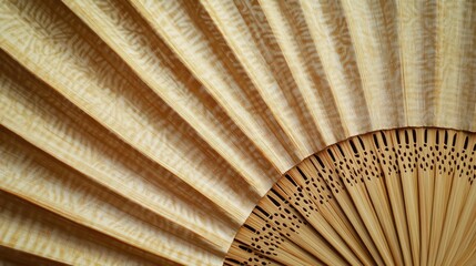 Geometric pattern in a traditional bamboo fan, with a realistic background that highlights the elegance of natural craftsmanship