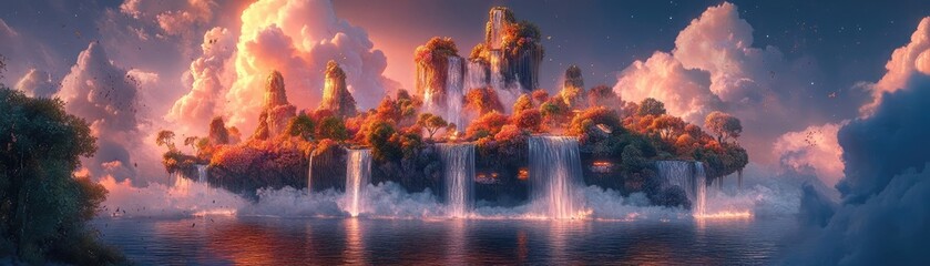 A majestic floating island adorned with giant edible flowers