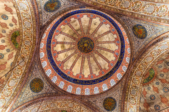 Blue Mosque stained glass, Istanbul, Turkey. Blue Mosque or Sultan Ahmed Mosque built in 1616 by Ottoman Turks.