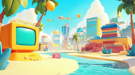 Fototapeta premium Cartoon Cityscape with Palm Trees Retro TV and Pool