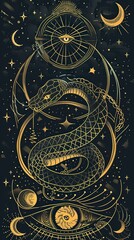 Vector snake set of mystical magic objects- moon, eyes, constellations, sun and stars 