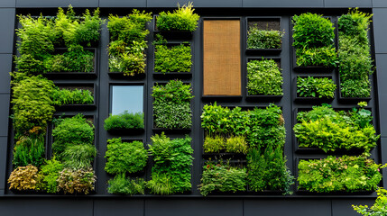 Fototapeta premium Modern Green Wall with Plants and Flowers in Black Frames