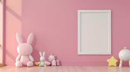 Empty white picture frame on pink wall in modern child room