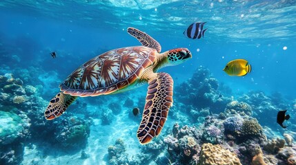 Fototapeta premium A sea turtle swimming gracefully through the water, surrounded by colorful fish
