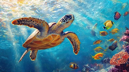 A sea turtle swimming gracefully through the water, surrounded by colorful fish