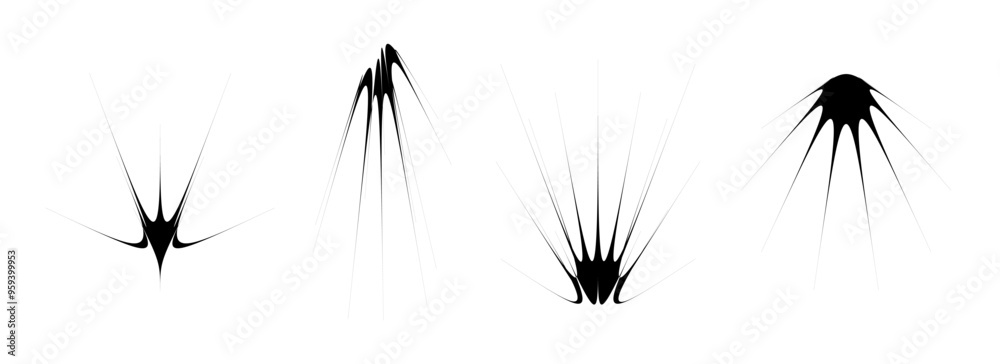 Poster Black thin spiky thorn element set. Abstract sharp shapes and angular twinkles bundle. Futuristic spoke objects for poster design, collage, banner, badge, logo, card, icon, label, sticker. Vector